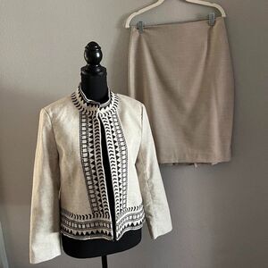 Ann Taylor Suit Linen Cotton Blazer and Skirt  Open Front  Embroidery Sz.4-6
